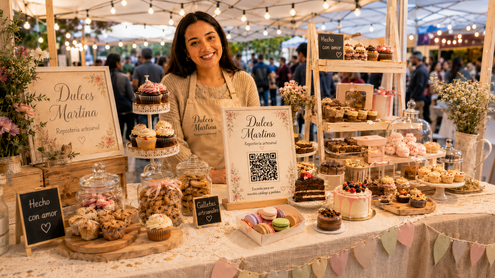 Vitrina con tortas, macarons y dulces artesanales de Dulces Martina en Talca