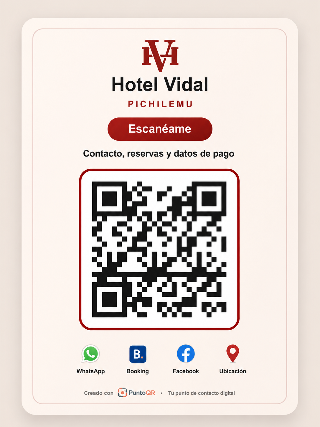 Afiche de recepción de Hotel Vidal con QR, WhatsApp, Booking, Facebook y ubicación